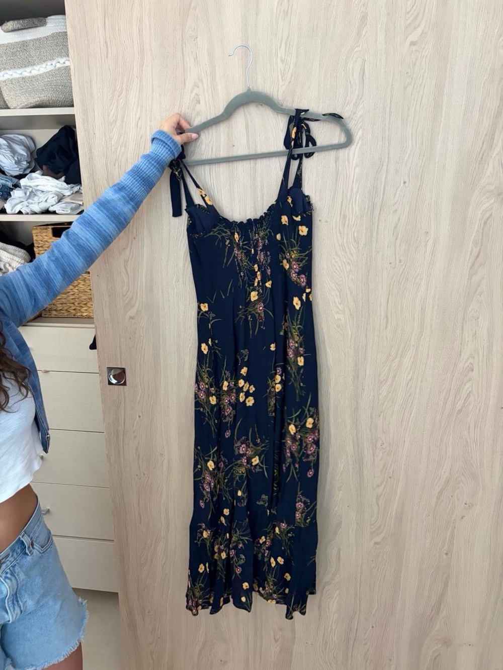 Reformation Navy Floral Tie-Shoulder Midi Dress